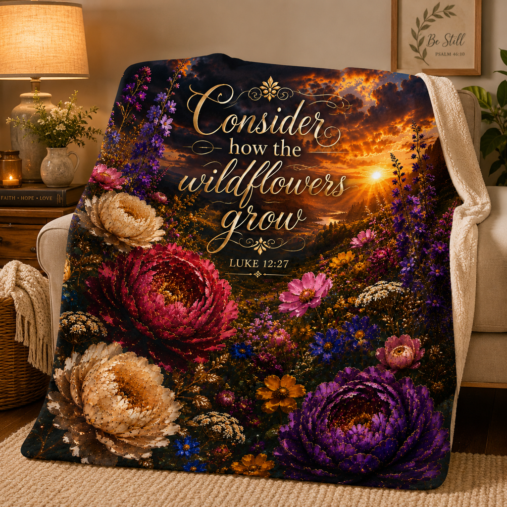 Consider How the Wild Flowers Grow Sherpa Blanket | Floral Sunset Scene