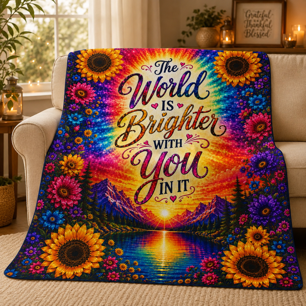 The World Is Brighter With You In It Velveteen Plush Blanket | Rainbow Sunflower Inspirational Throw