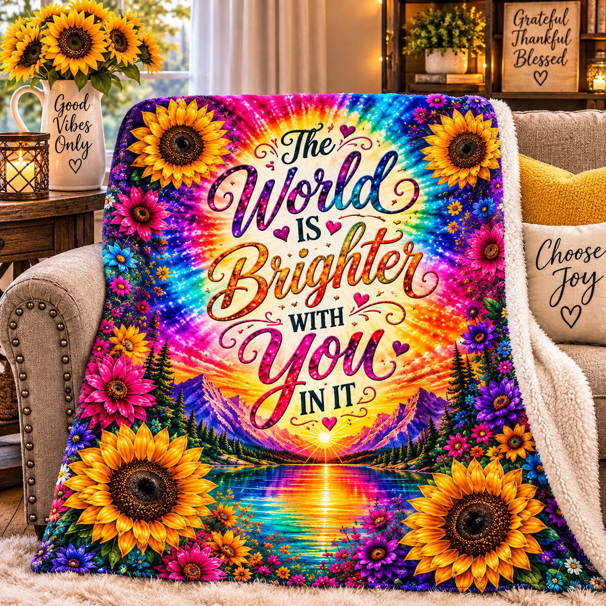 The World Is Brighter With You in It Blanket | Sherpa Fleece Throw, Tie Dye Sunflower