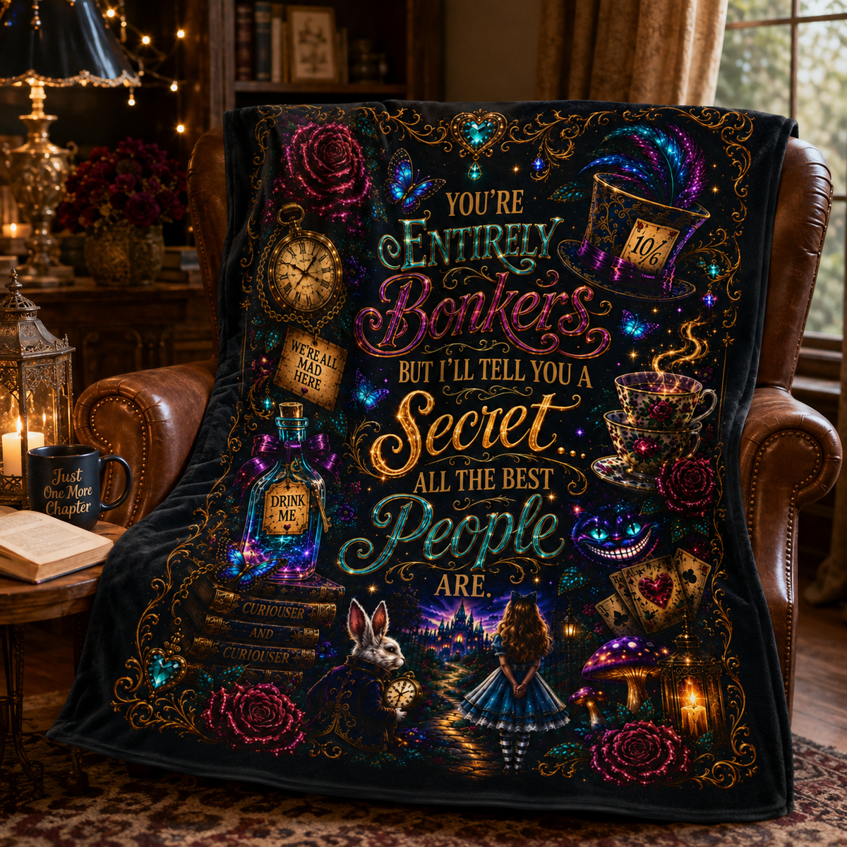 Mad Tea Party Quote Velveteen Plush Blanket | Alice in Wonderland inspired