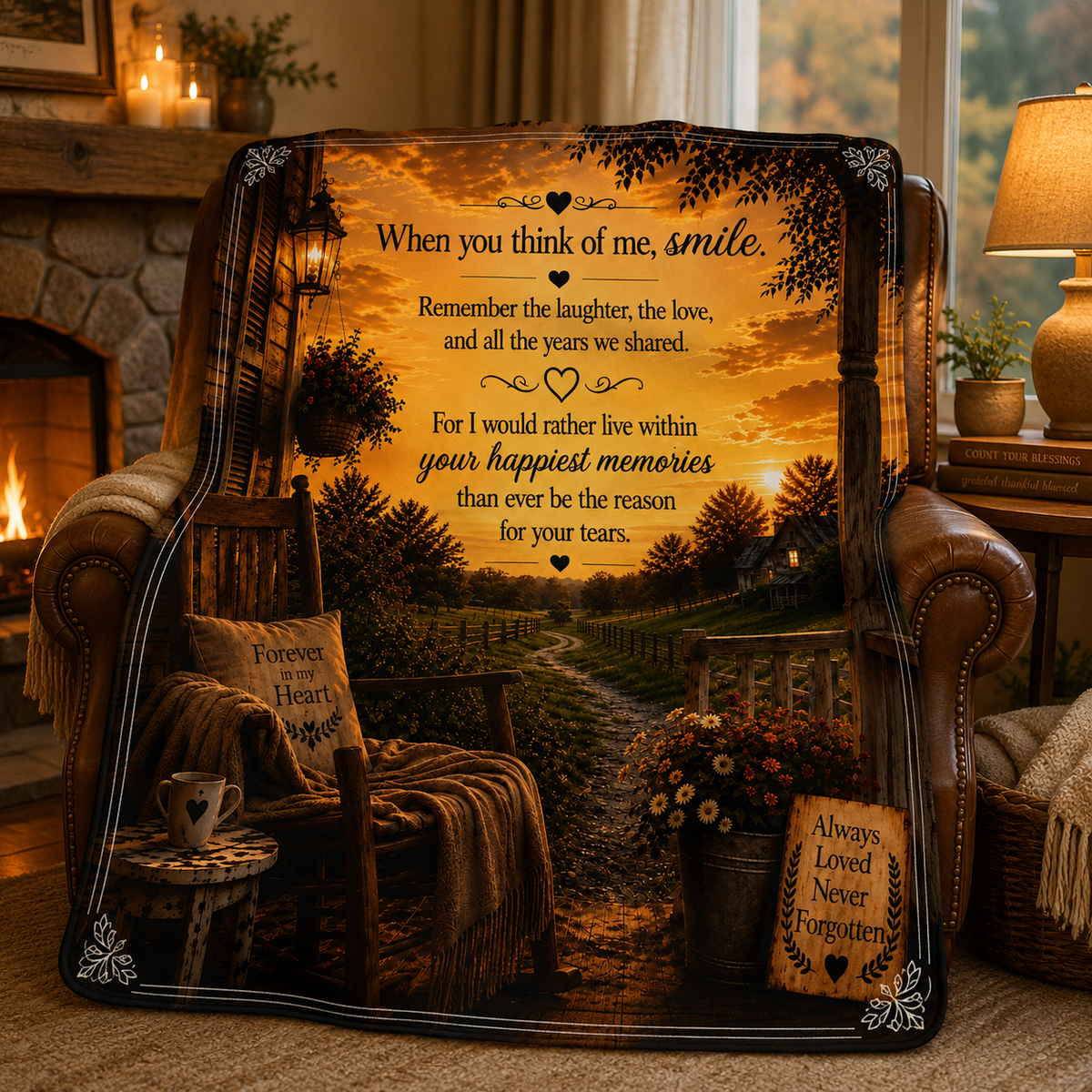 When You Think of Me Smile blanket | Memorial sunset scene, comforting poem