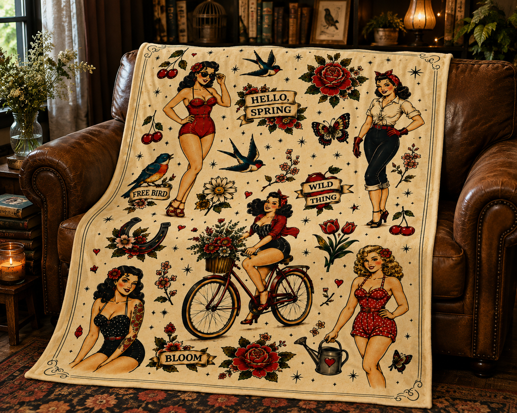 Vintage Pinup Girls Velveteen Plush Blanket | Tattoo Flash Floral Design
