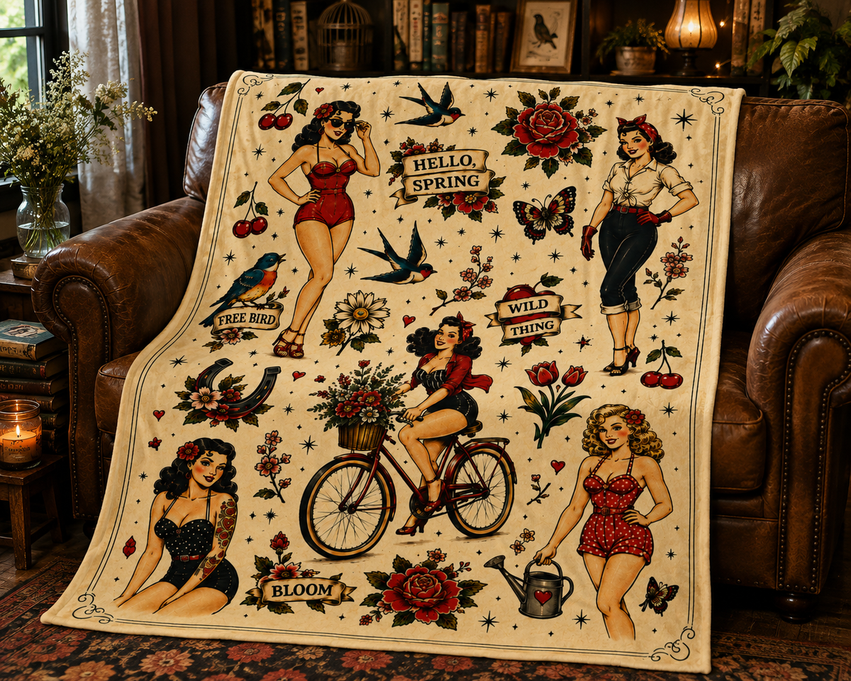 Vintage Pinup Girls Velveteen Plush Blanket | Tattoo Flash Floral Design