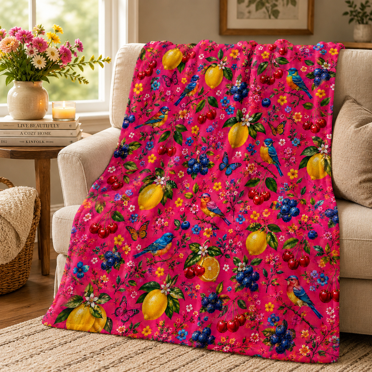 Spring Lemons Blueberries Parrots Floral Pattern Velveteen Plush Blanket