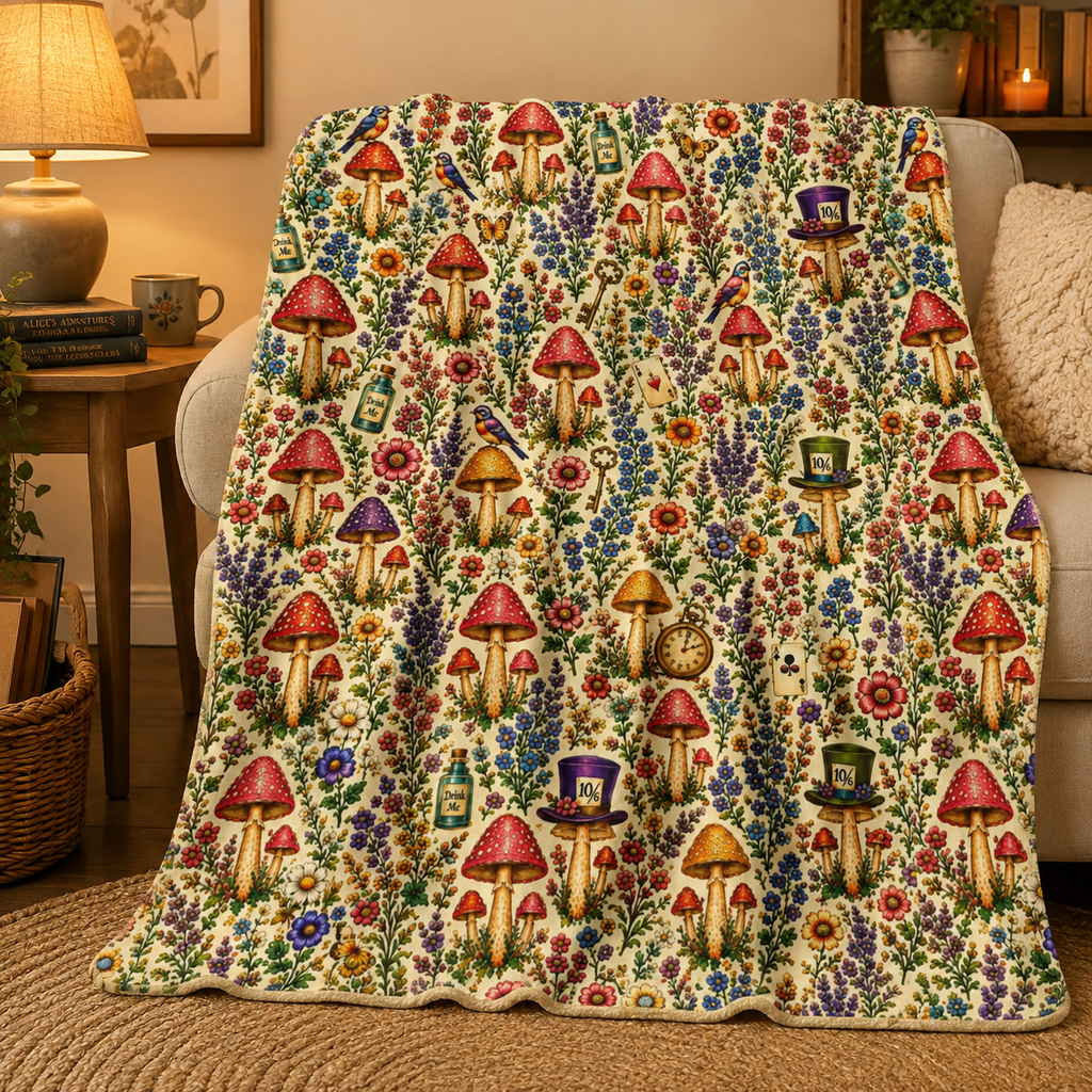 Whimsical Alice Mushroom Garden Velveteen Plush Blanket | Floral Fungi Pattern