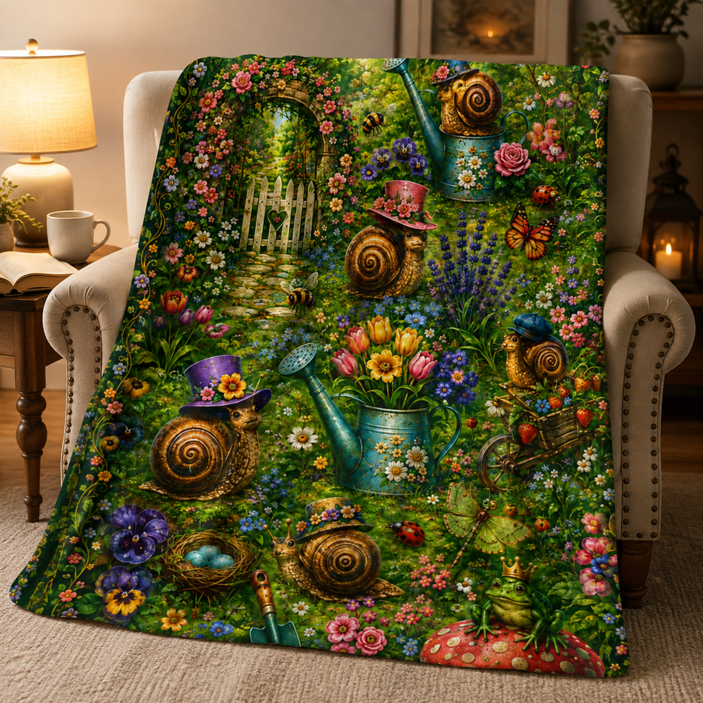 Spring Garden Snail Cottage pattern Blanket | whimsical floral, watering cans, bluebirds
