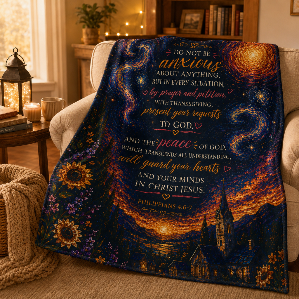 Starry Night Scripture Velveteen Blanket | Philippians 4:6-7 verse