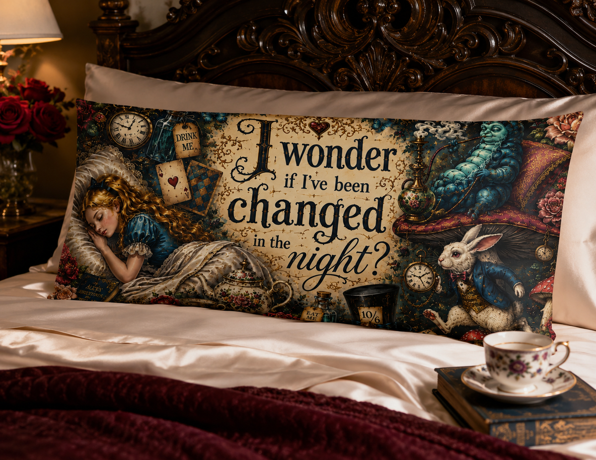 Alice in Wonderland l I Wonder If Ive Been Changed in the Night, Gothic Wonderland Decor, Victorian Storybook Pillow