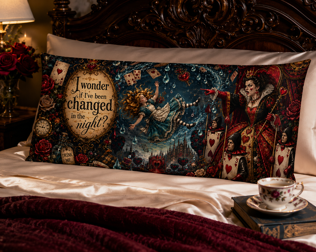 Alice in Wonderland l I Wonder If Ive Been Changed in the Night, Gothic Wonderland Decor, Victorian Storybook Pillow