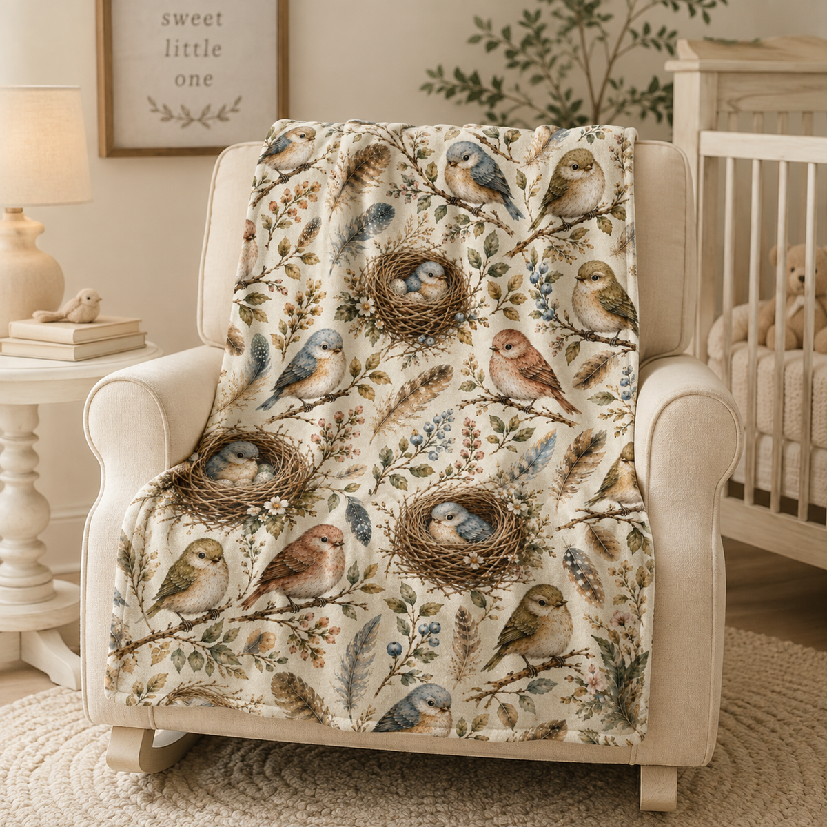 Little Nest Vintage Songbirds Nest Pattern Velveteen Plush Blanket | Woodland Bird Illustration