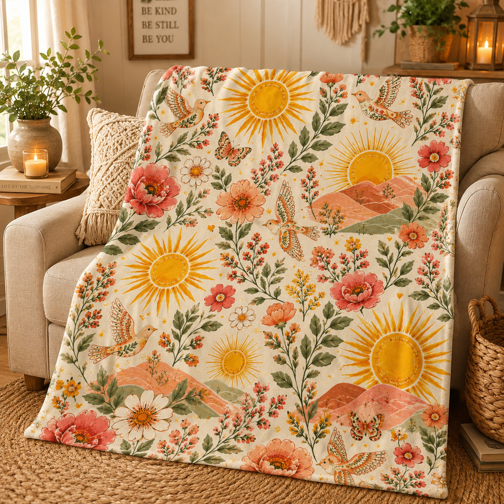 Sunshine Floral Meadow Velveteen Blanket | Retro Sunflowers & Butterflies
