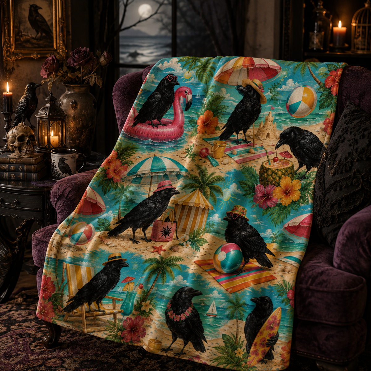 Beach Crows Pattern Velveteen Plush Blanket | Tropical Crow Beach Scene
