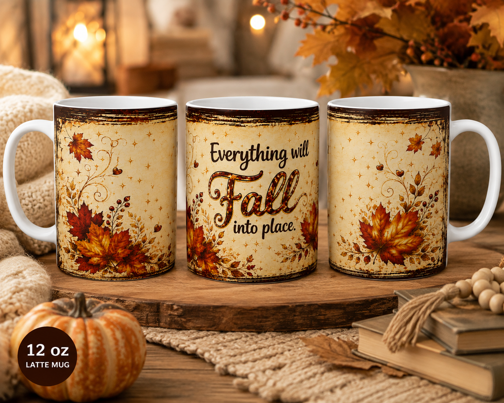 Everything Will Fall Into Place Latte Mug | Autumn Leaves, Rustic Fall Quote