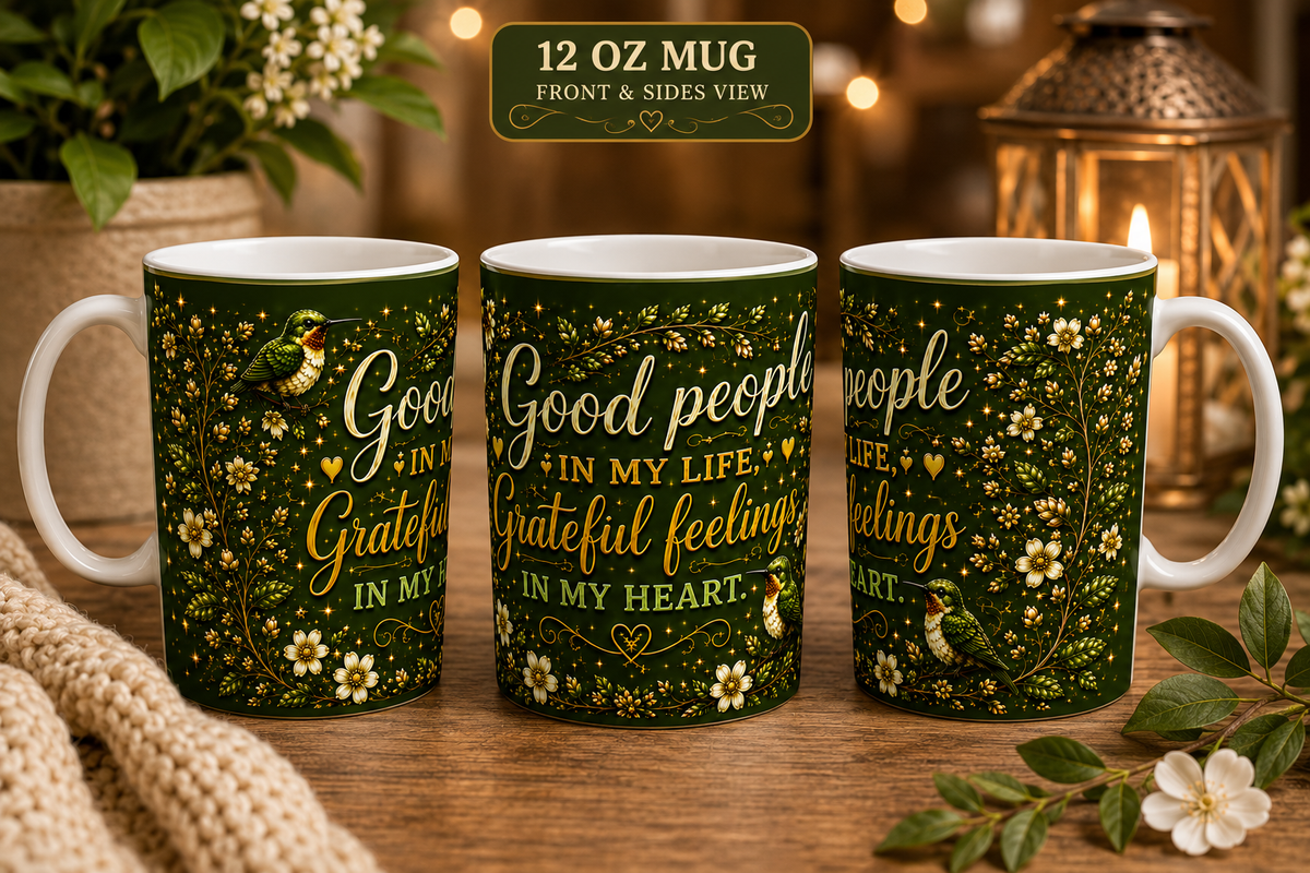 Grateful Heart Script with Bird Latte Mug | Floral Vines, Inspirational Quote
