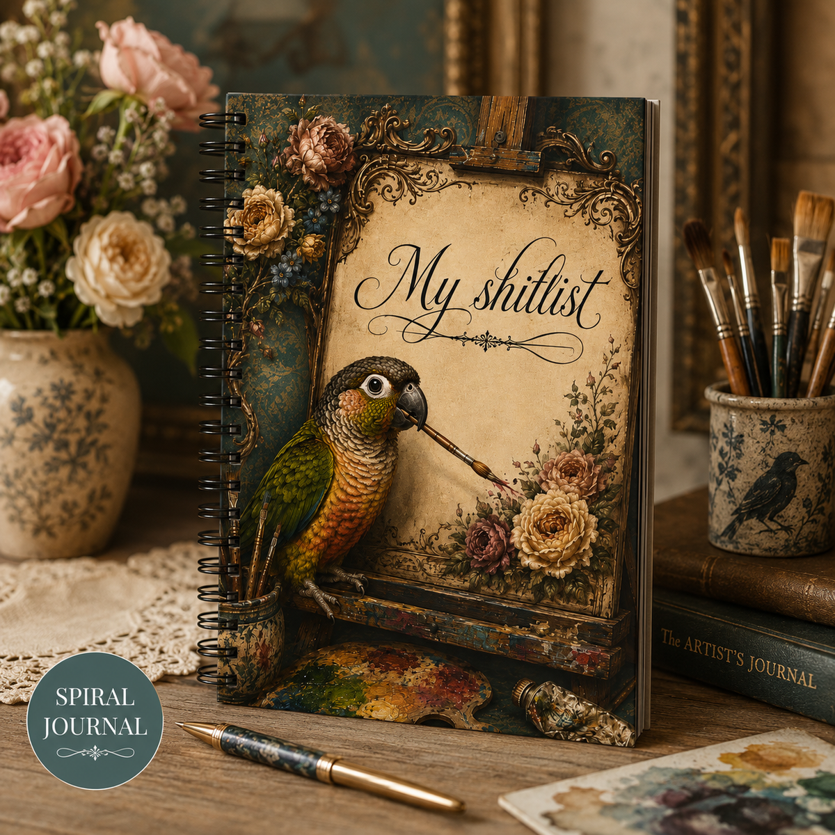 My Shtlist parrot art Spiral Journal | Vintage artist palette notebook