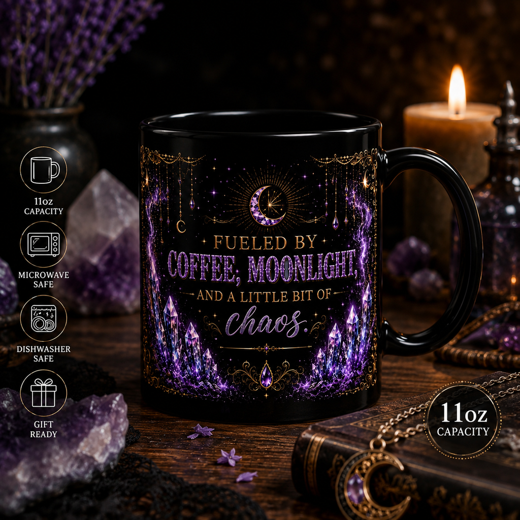 Fueled by Coffee, Moonlight and a Little Bit of Chaos Mug | Black Ceramic Mug