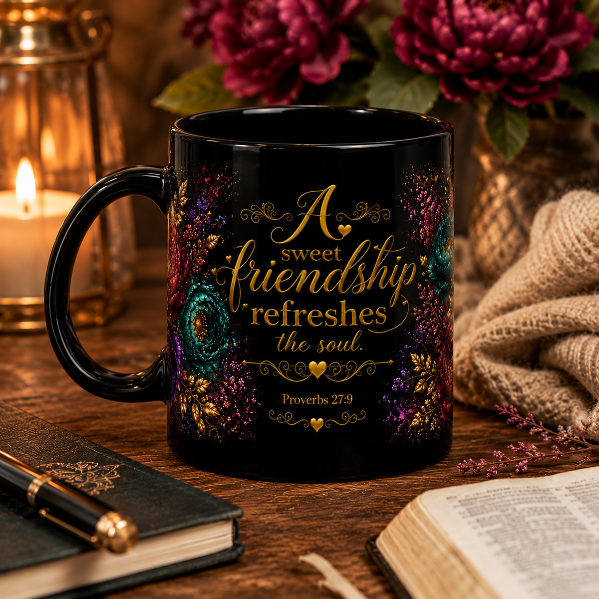Sweet Friendship Refreshes the Soul Mug | Black Floral Scripture Coffee Mug