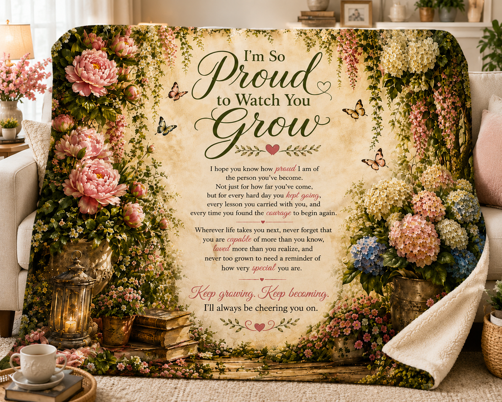 Proud to Watch You Grow Blanket | Floral Sherpa Throw, Inspirational Quote