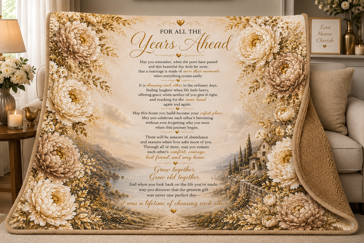 Wedding Gift For All The Years Ahead Poem Tan Sherpa Blanket | Cozy Lakehouse Landscape Throw