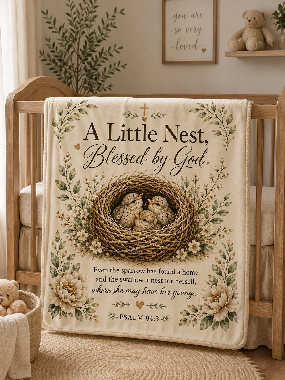 A Little Nest Blessed by God Baby Blanket | Psalm 84:3 Nursery Decor