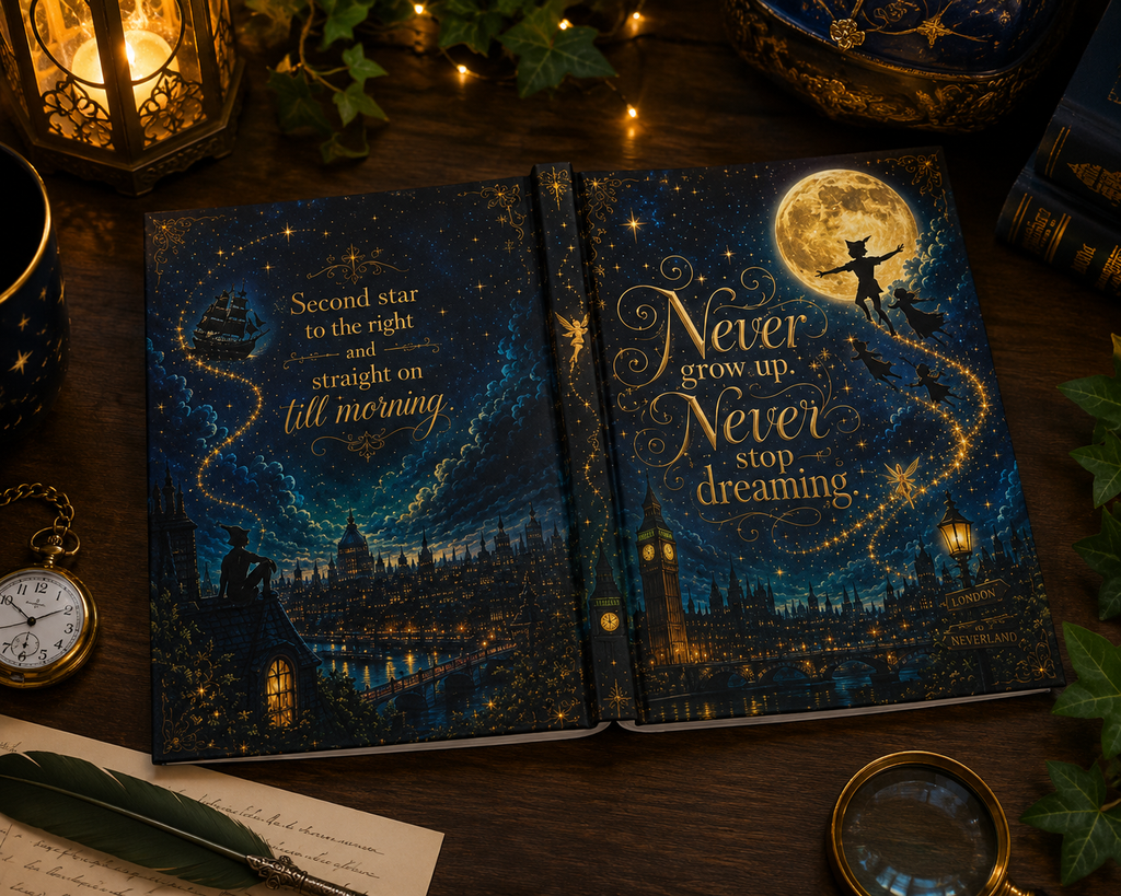 Never grow up Never stop dreaming Hardcover Journal | Peter Pan moonlit fantasy