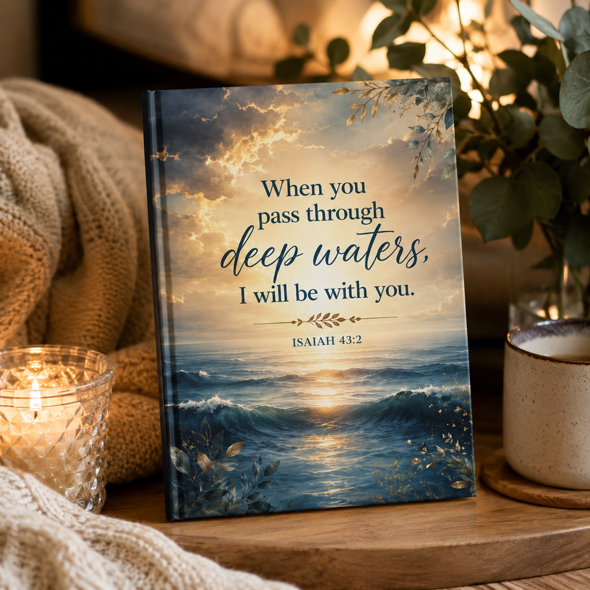 When You Pass Through Deep Waters hardcover journal | Isaiah 43:2 ocean devotional