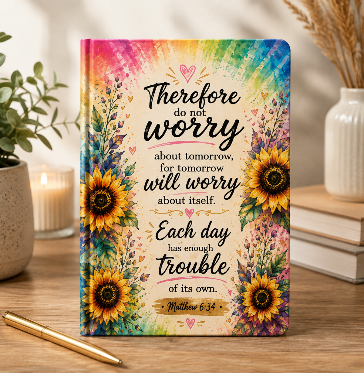 Therefore Do Not Worry Journal | Sunflower Rainbow Inspirational Hardcover