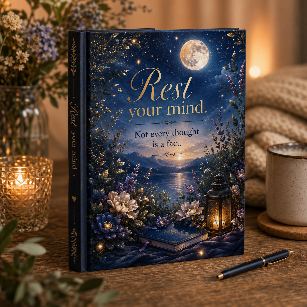 Rest Your Mind hardcover journal | inspirational moonlit floral notebook