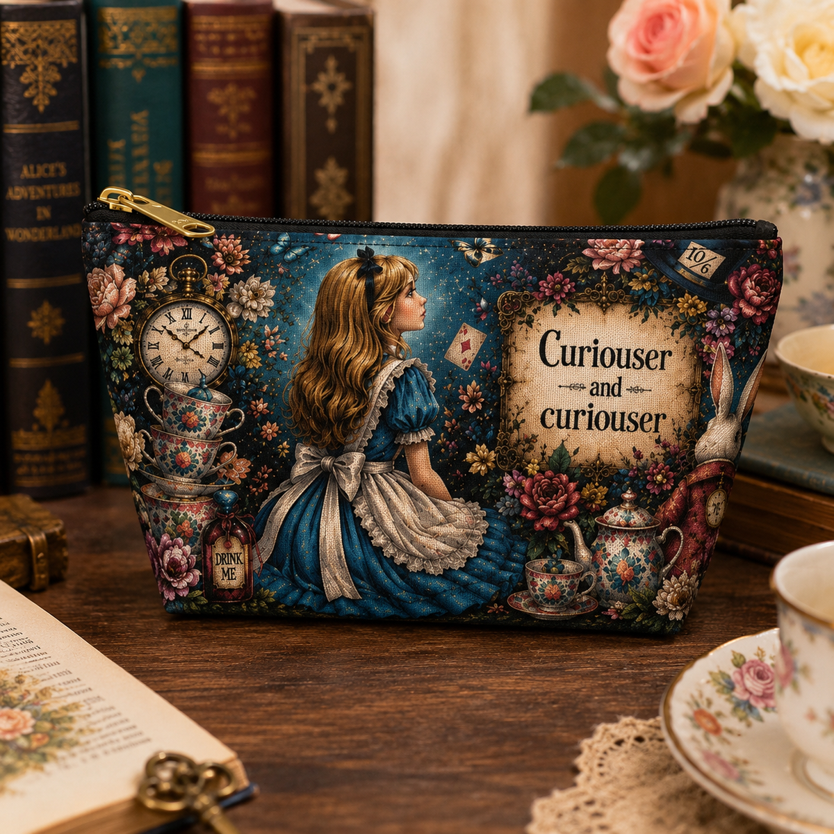 Alice in Wonderland illustration Accessory Pouch | Curiouser Curiouser T-bottom
