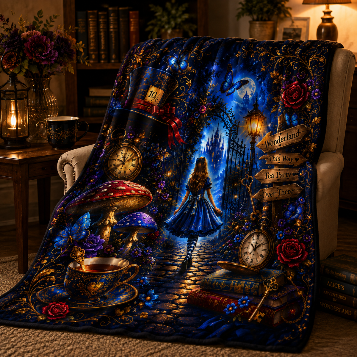 Alice in Wonderland Illustration Velveteen Plush Blanket | Fantasy Tea Party, Clockwork, Moonlit Path