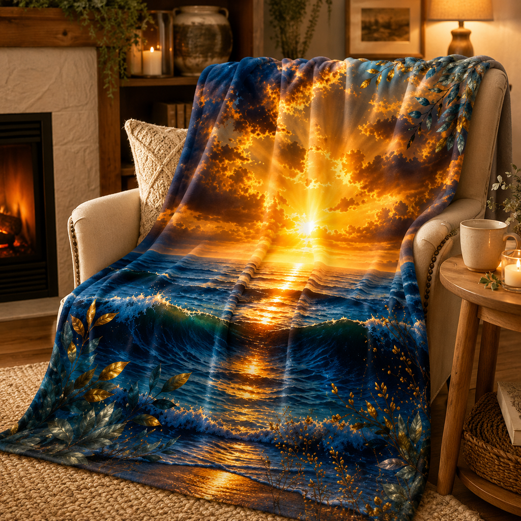 Sunset Ocean Sunrise Blanket | Seascape Waves, Golden Sky