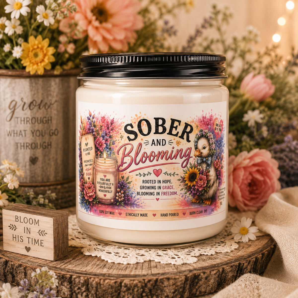 Sober and Blooming Candle Scented Soy Candle, 9oz | Recovery Floral Label