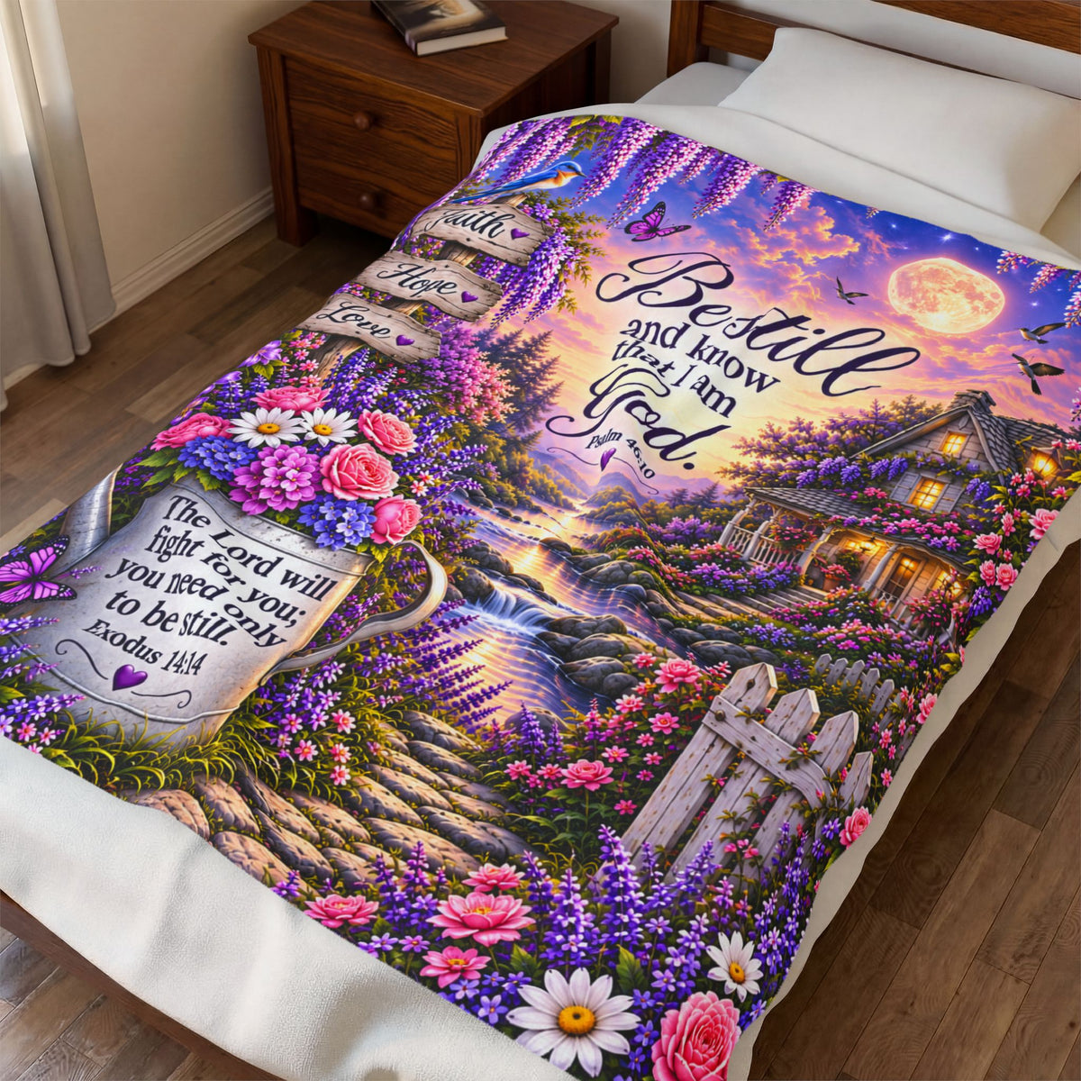 Be Still and Know I Am God blanket | Floral Cottage Scripture Velveteen Plush
