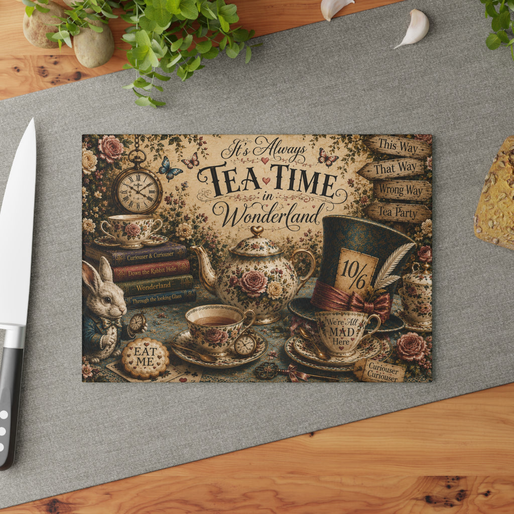 Tea Time in Wonderland Glass Cutting Board | Alice in Wonderland tea party design