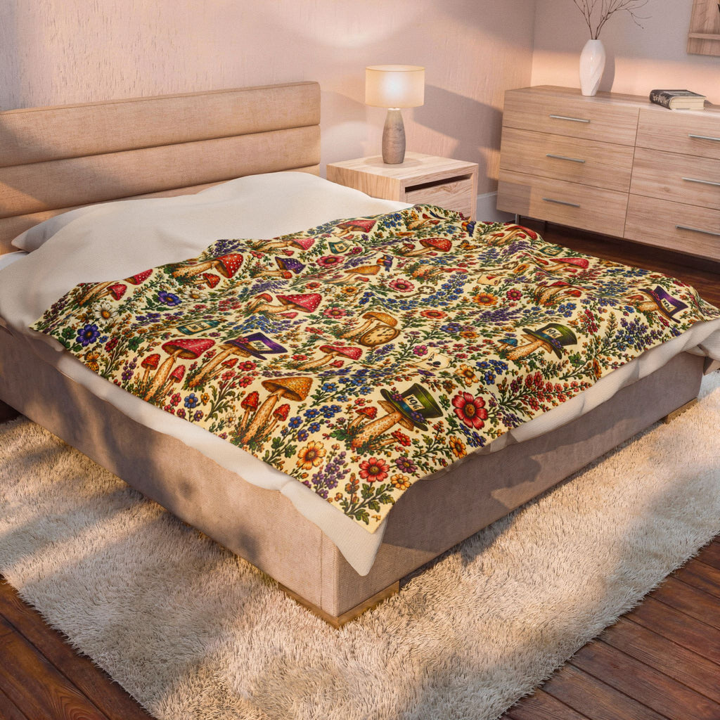 Whimsical Alice Mushroom Garden Velveteen Plush Blanket | Floral Fungi Pattern