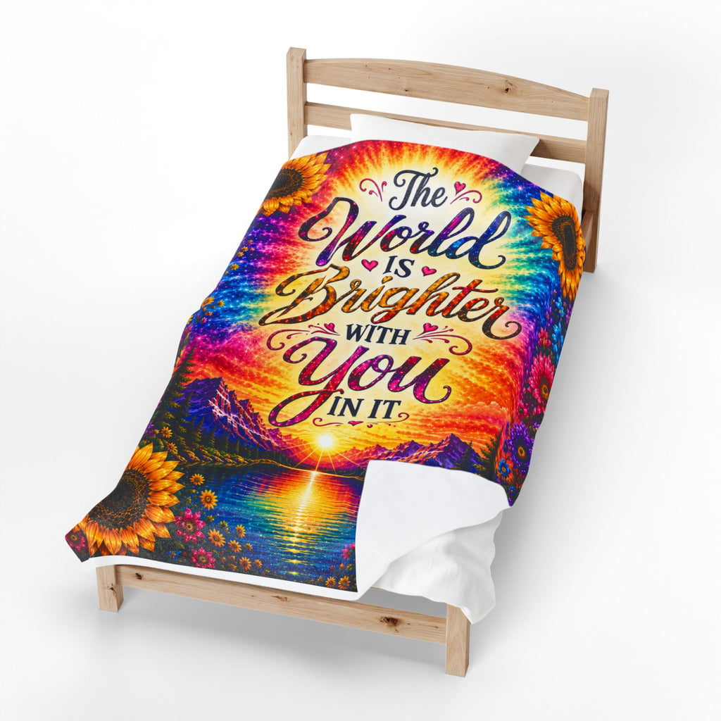 The World Is Brighter With You In It Velveteen Plush Blanket | Rainbow Sunflower Inspirational Throw