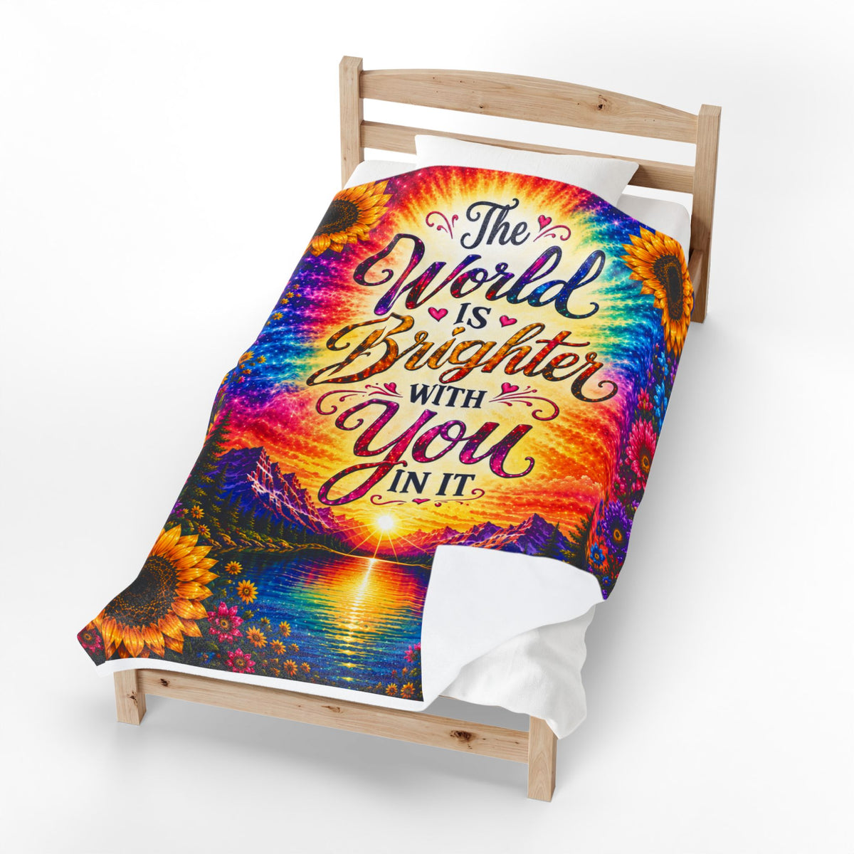 The World Is Brighter With You In It Velveteen Plush Blanket | Rainbow Sunflower Inspirational Throw