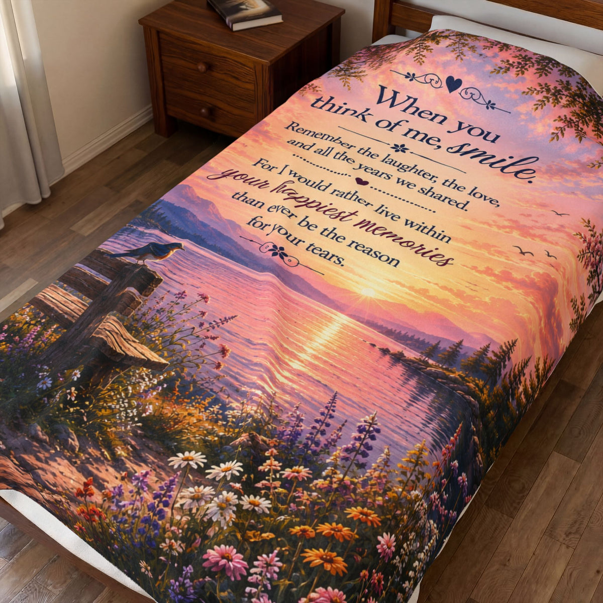 When You Think of Me Smile Velveteen Plush Blanket | Sunset Lake Memorial Scene