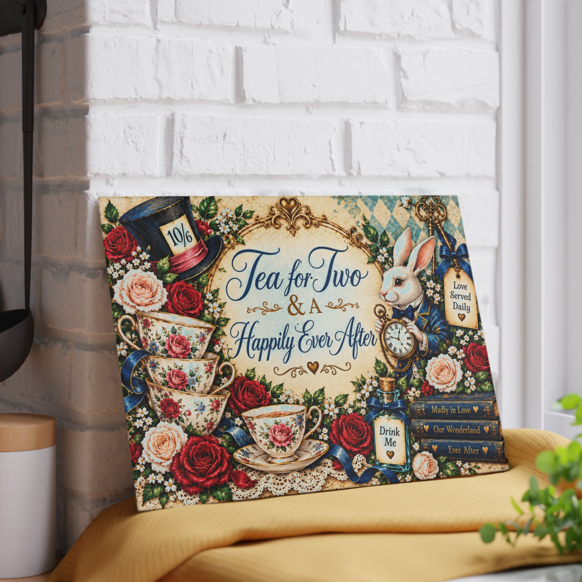 Tea for Two Alice in Wonderland Glass Cutting Board | White Rabbit, Teacups, Vintage Floral