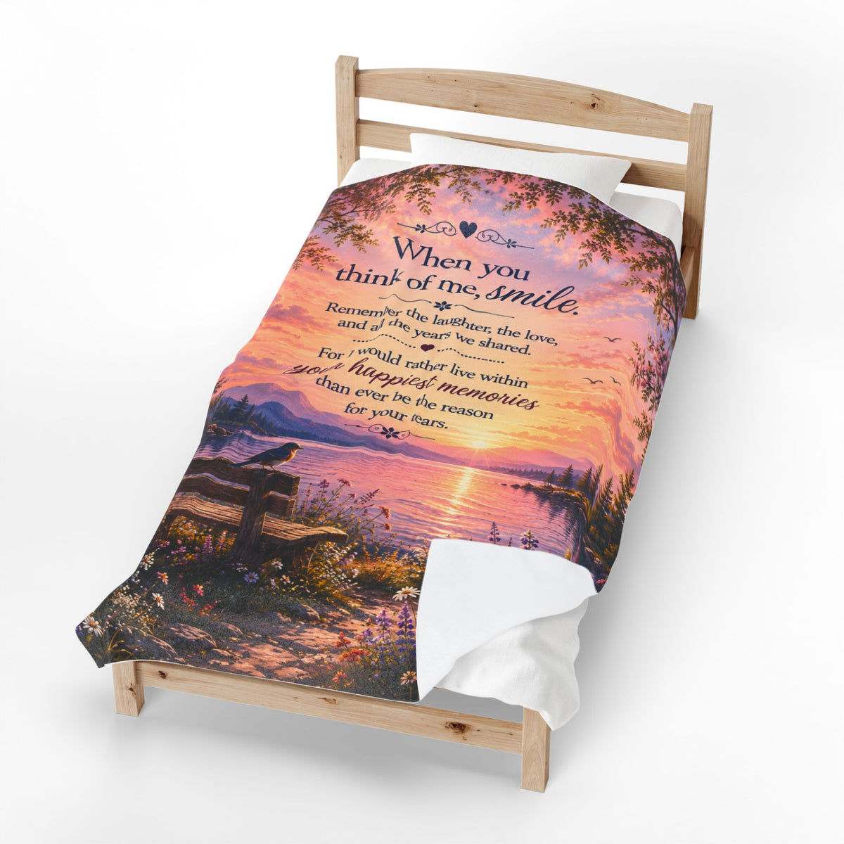 When You Think of Me Smile Velveteen Plush Blanket | Sunset Lake Memorial Scene