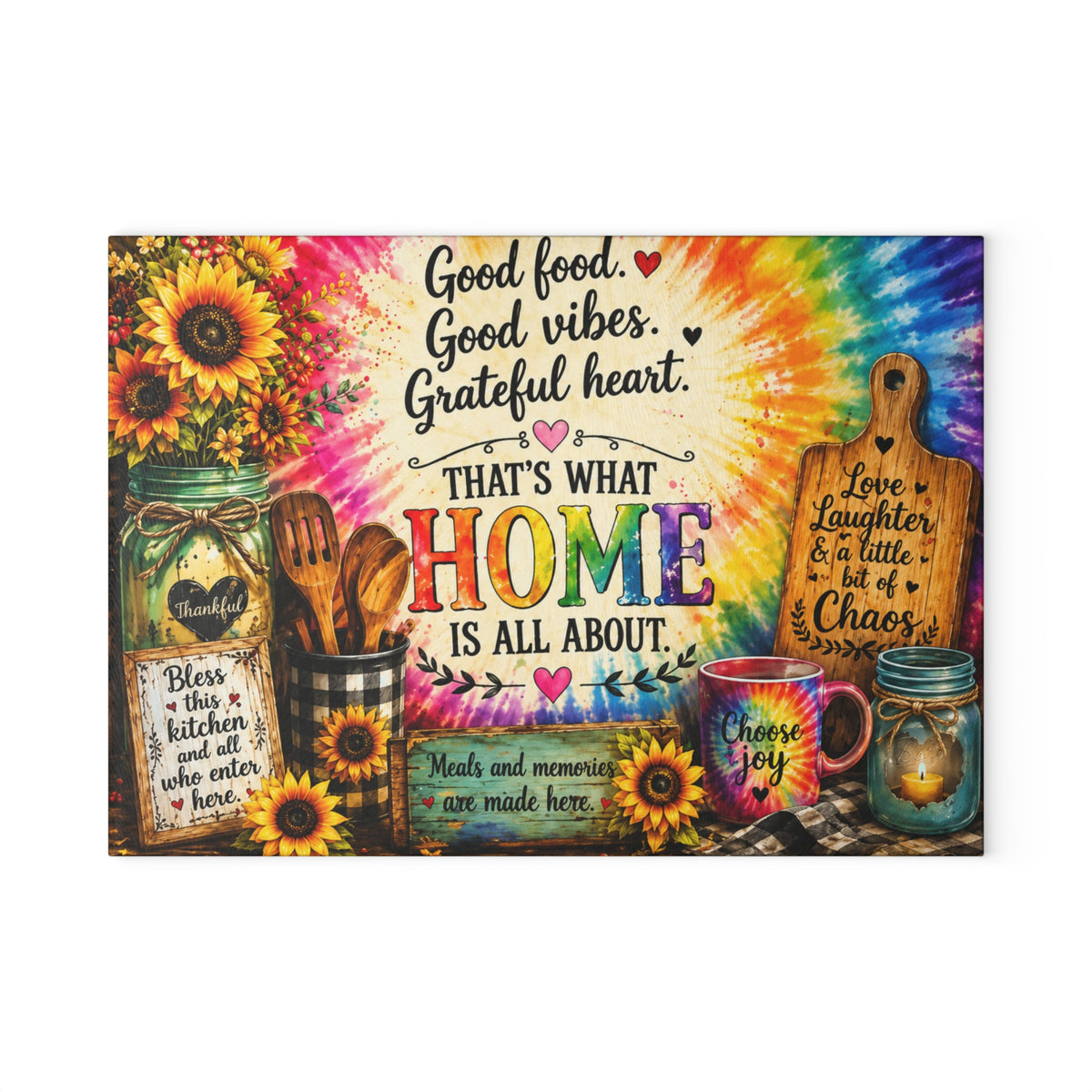 Thats What Home Is All About Glass Cutting Board | Sunflower Tie-Dye Kitchen Decor