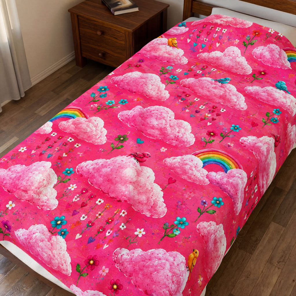 Pink Cloud Rainbow Pattern Blanket | Cute Birds Flowers Velveteen Plush