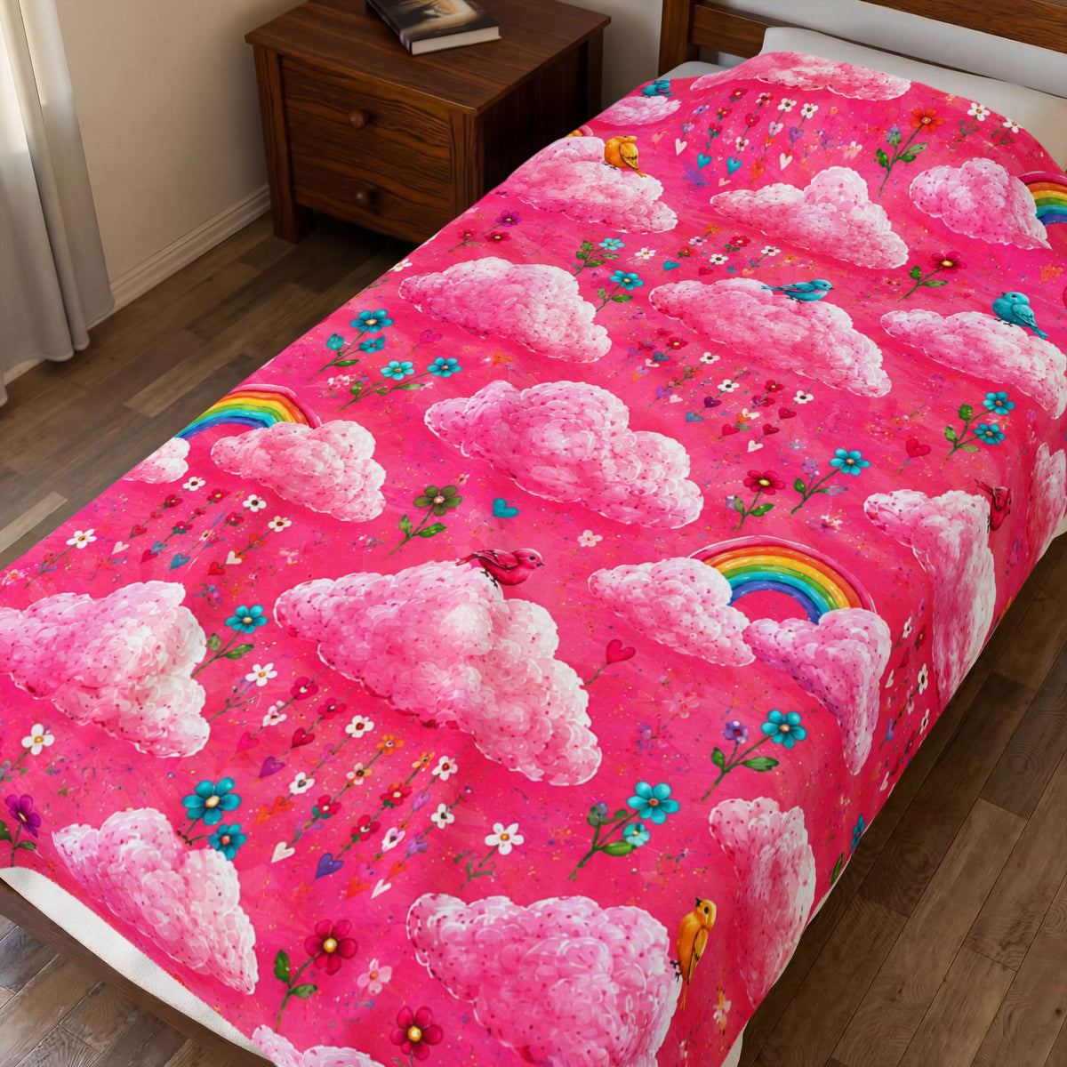 Pink Cloud Rainbow Pattern Blanket | Cute Birds Flowers Velveteen Plush