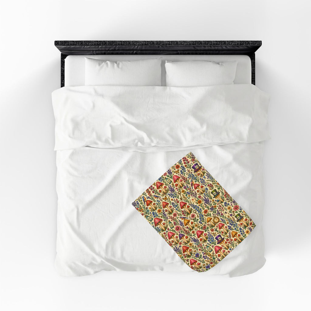 Whimsical Alice Mushroom Garden Velveteen Plush Blanket | Floral Fungi Pattern