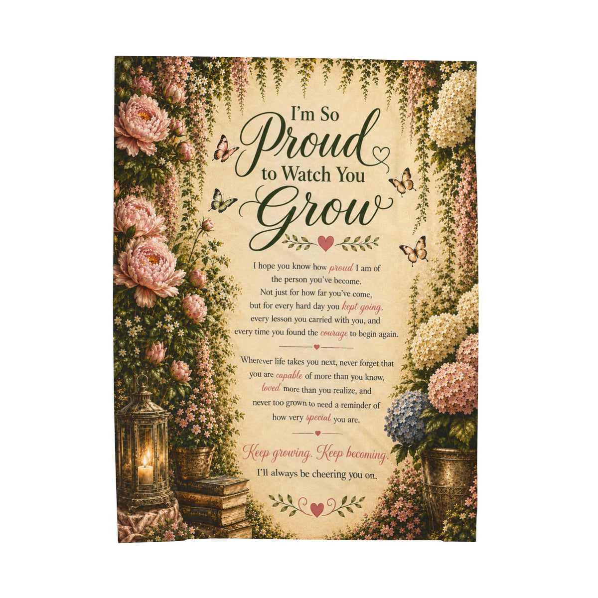 I'm So Proud to Watch You Grow Velveteen Plush Blanket | Floral Butterfly Keepsake