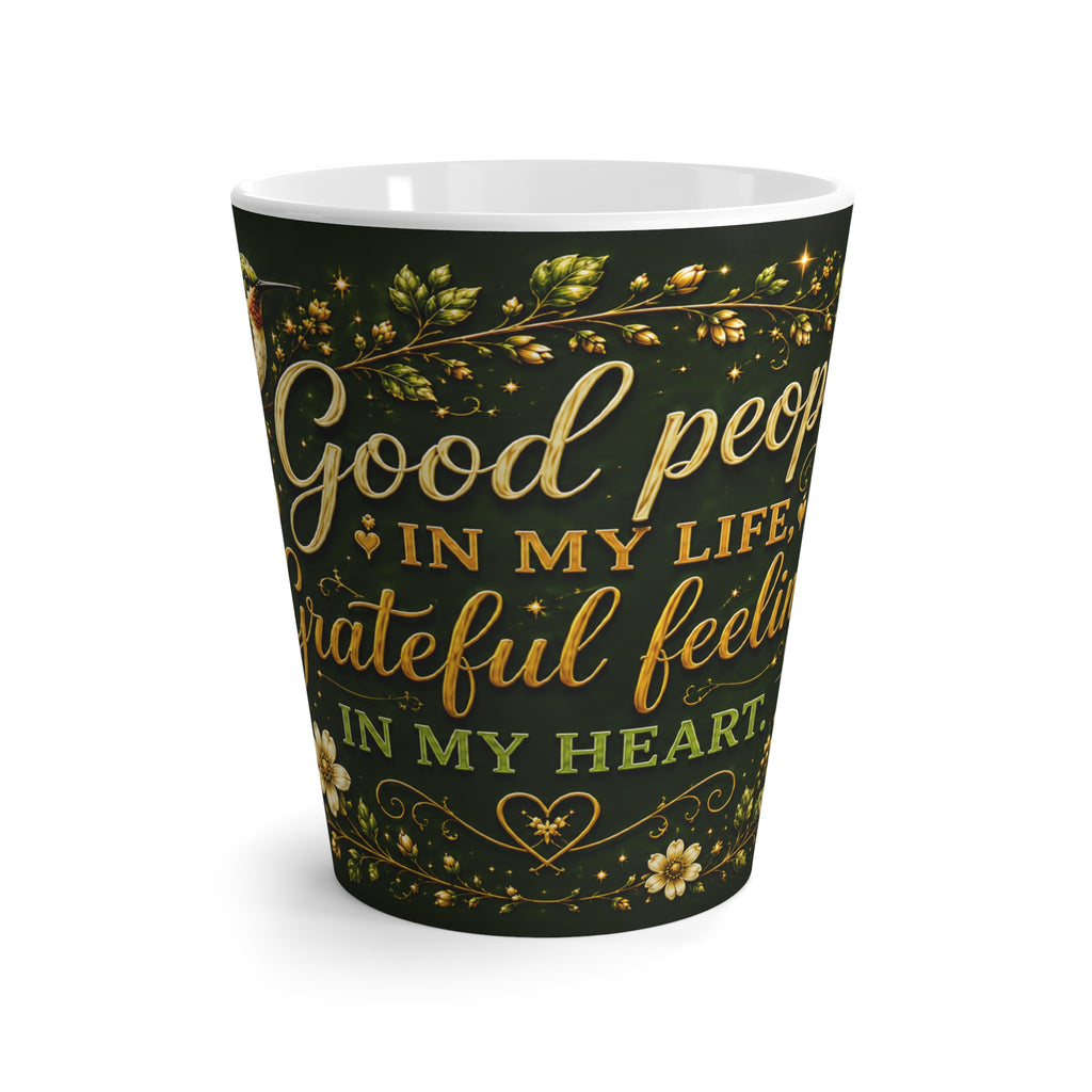 Grateful Heart Script with Bird Latte Mug | Floral Vines, Inspirational Quote