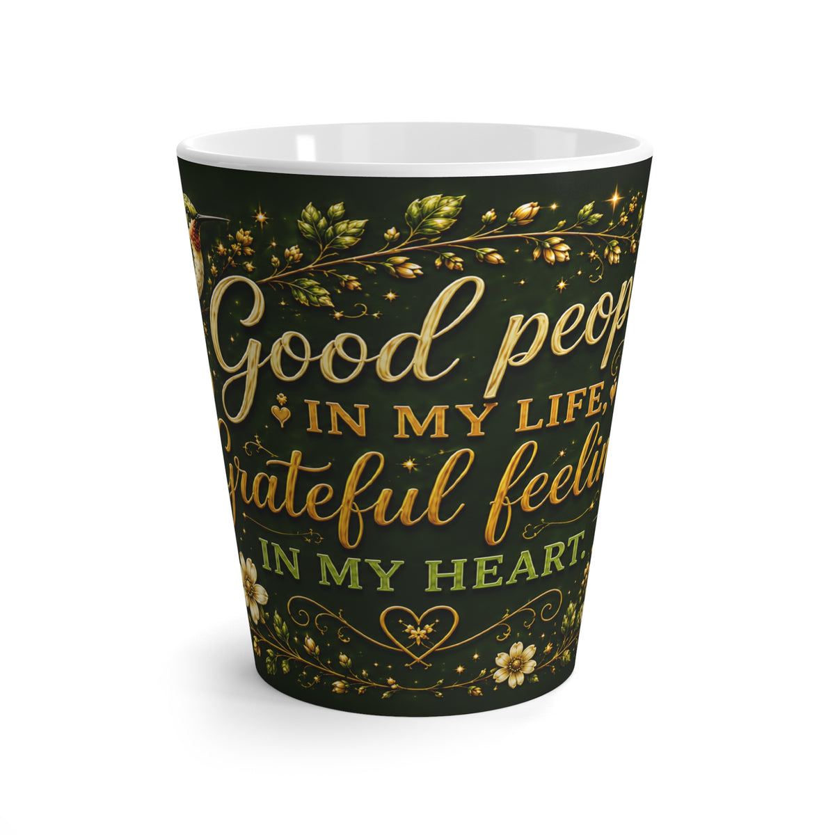 Grateful Heart Script with Bird Latte Mug | Floral Vines, Inspirational Quote