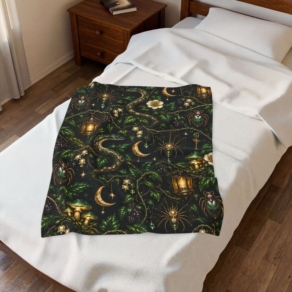 Mystic Serpents Lanterns Velvet Plush Blanket | Botanical Moonlight Pattern