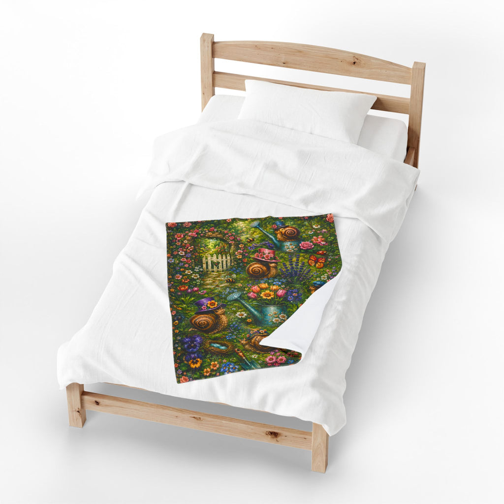 Spring Garden Snail Cottage pattern Blanket | whimsical floral, watering cans, bluebirds