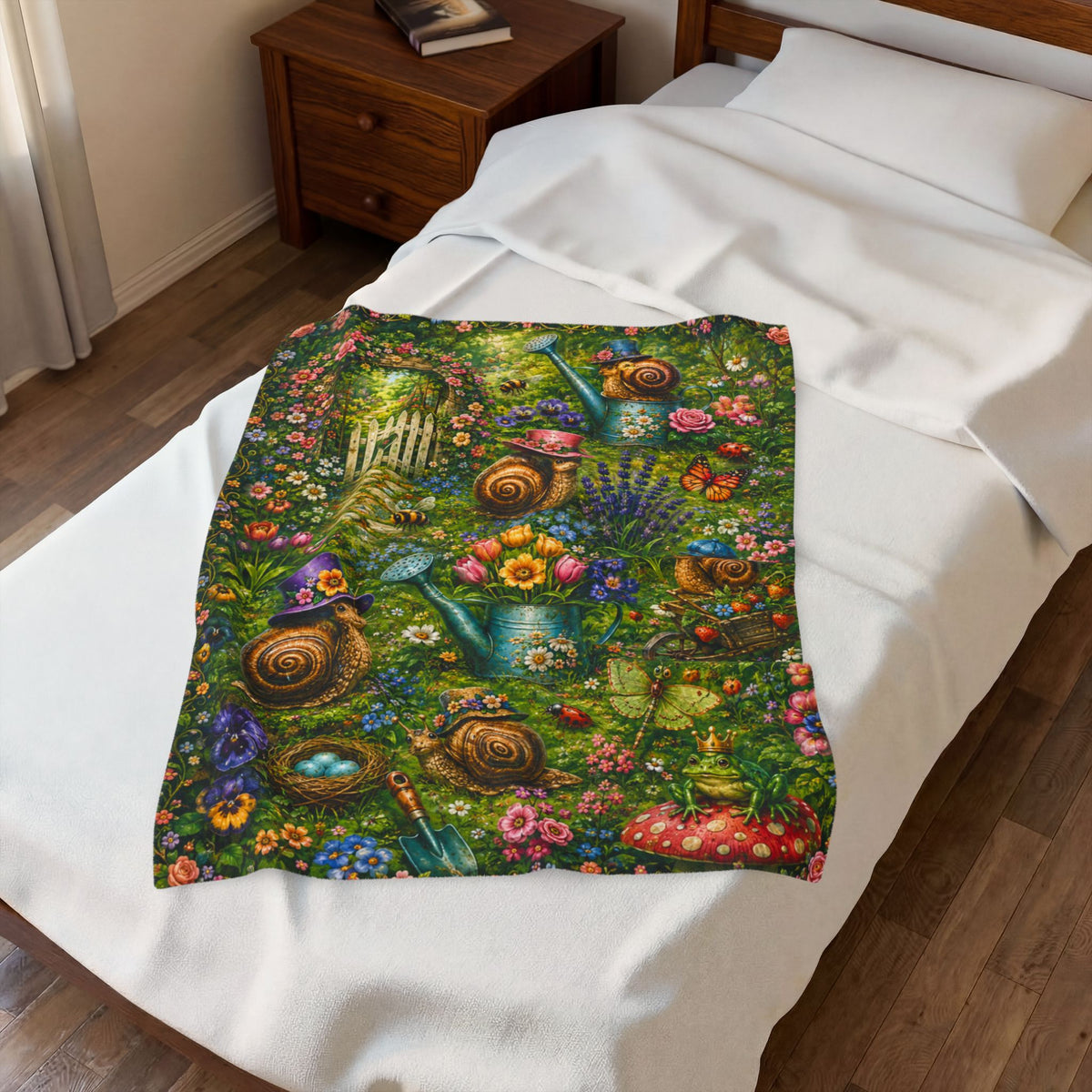 Spring Garden Snail Cottage pattern Blanket | whimsical floral, watering cans, bluebirds